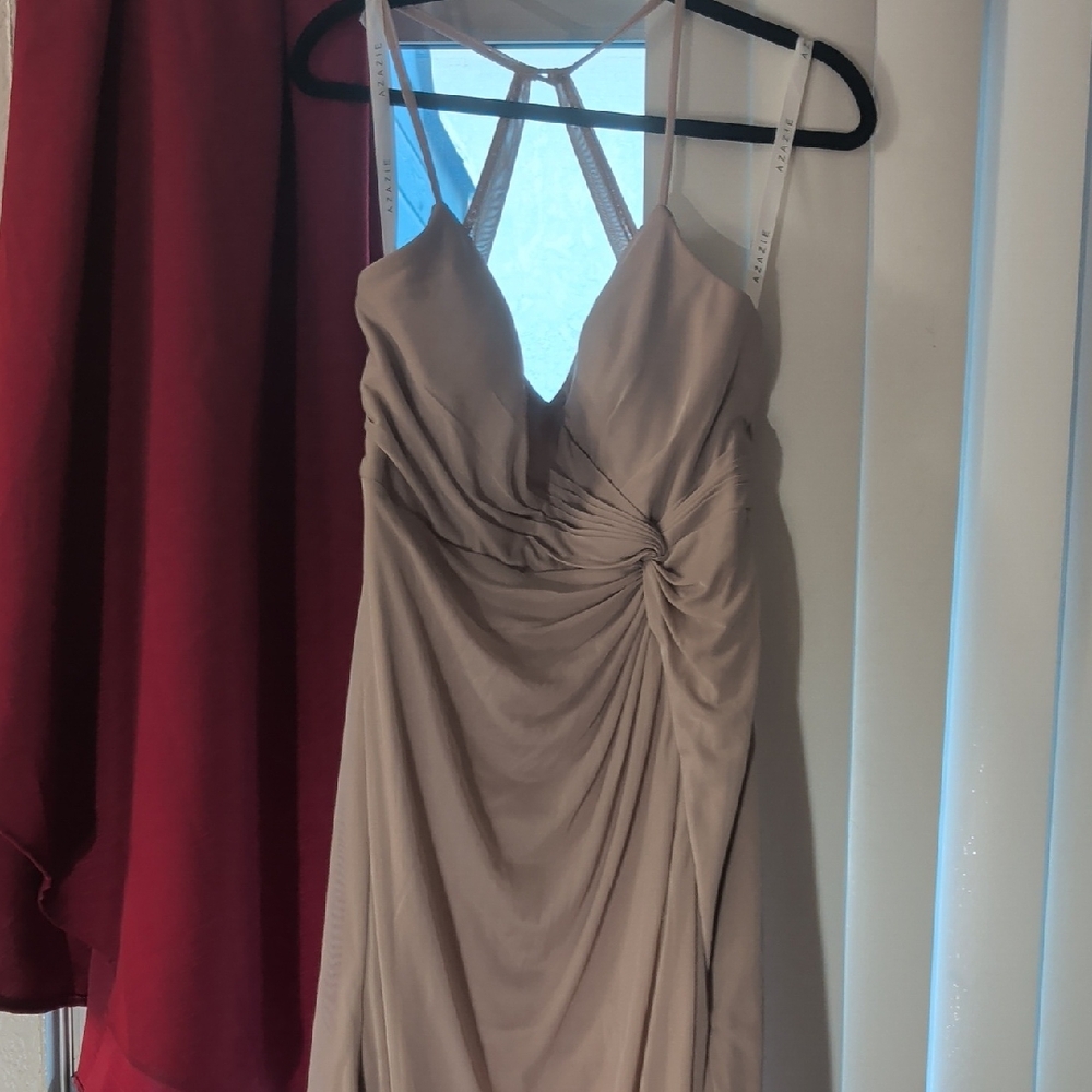 Azazie Beige Sleeveless Prom Dress
